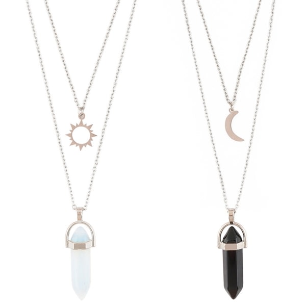 Mode Bohemia 2 ST Natursten for Sol og Måne Choker Sølv Krystall Henge Halskjede for Kvinner Bryllupsfest Gave En svart og hvit