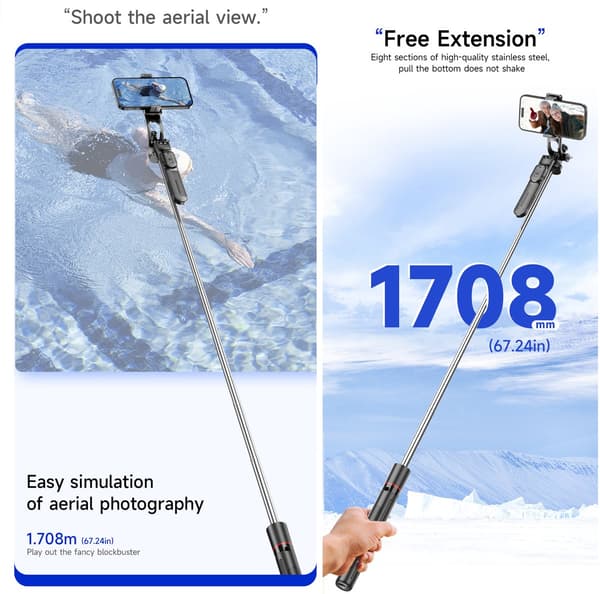 Stativ Telefon Stativ Smartphone Stativ Telefon med Lampa - 67 Tum Hopfällbart Teleskopiskt Bluetooth Selfie Stick Stativ/Monopod