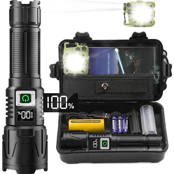 LED Flashlight A09 set – 6000 Lumen, 50W, Rechargeable & Tactical & COB survival Black