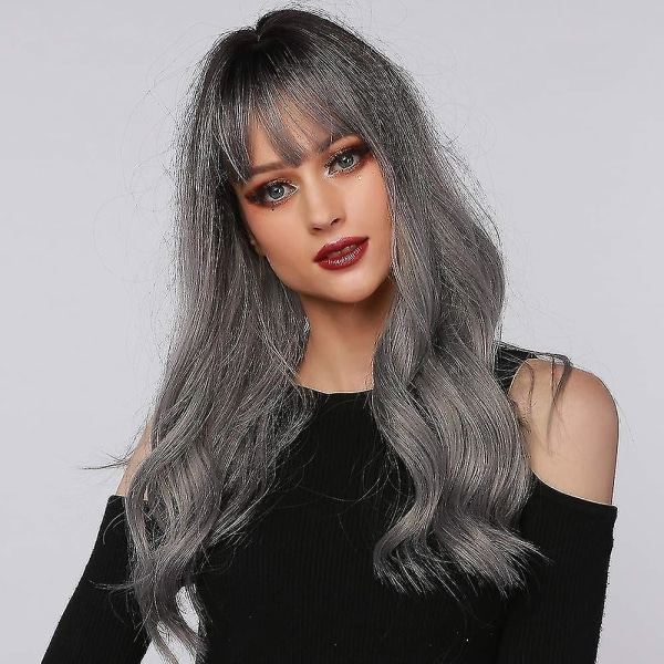 TG Ombre Grå Parykk Med Bangs Lang Ombre Grå Parykk Med Svart Rot Lang Grå Parykk For Dame Syntetisk Bølge