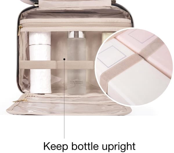 Hängande necessär för kvinnor, rymlig sminkväska med 4 fack och flaskremmar, rosa medium