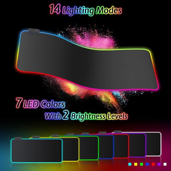 XXL RGB Gaming Mouse Pad (800 x 300 mm), 14 LED-lyseffekter, vanntät, halkfri, slitstark for spillere, datamaskin, PC