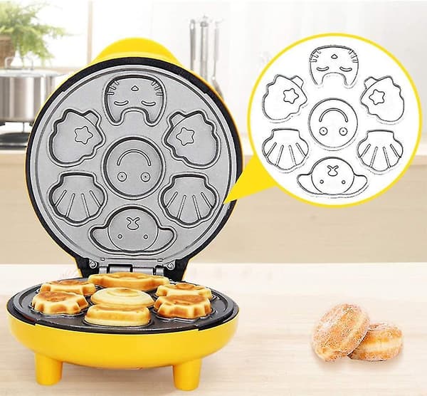 Mini Animal Waffle Maker, Makes 7 Interesting Special Shaped Pancakes, Automatic Shut-off Non-stick Pan, Yellow