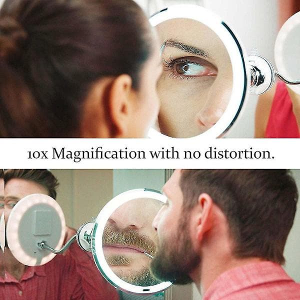Daylight LED Magnifying Mirror, Battery Operated with Flexible Gooseneck for Customized Positioning, 10X Magnification for Detailed Close-ups, Suction Cup