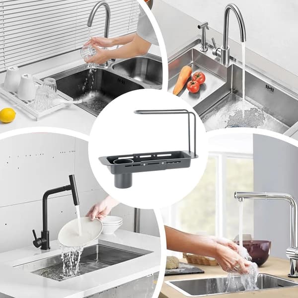 Utbyggbart diskställ i rostfritt stål över diskbänken med bestickhållare, svampförvaring och dräneringsbricka, grå, 31,5–44,5 cm
