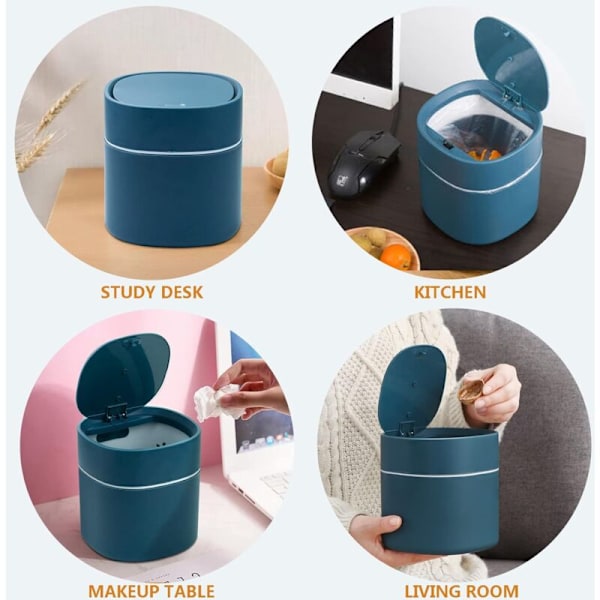 Bordsavfallsbehållare med lock, Mini soptunna i plast, Liten bordsavfallsbehållare för sovrum, matsalar, badrum, kontor etc. (Blå)
