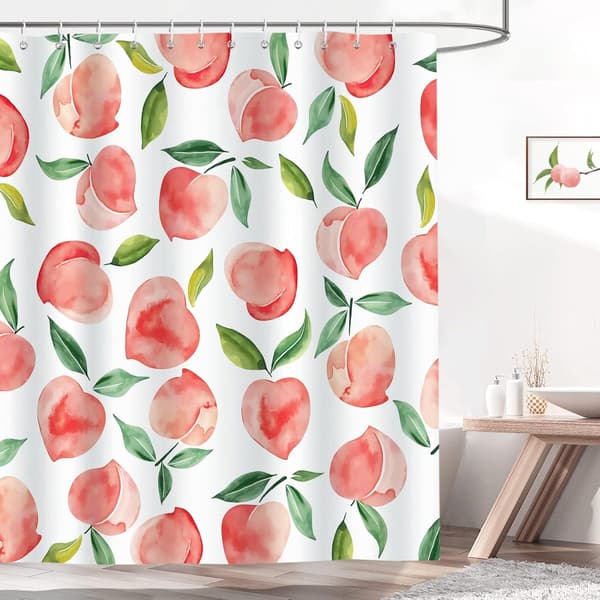 Duschdraperi, vattentät mögelresistent polyester med metallringar för badrum och badkar, persikamönster, 200 x 180 cm