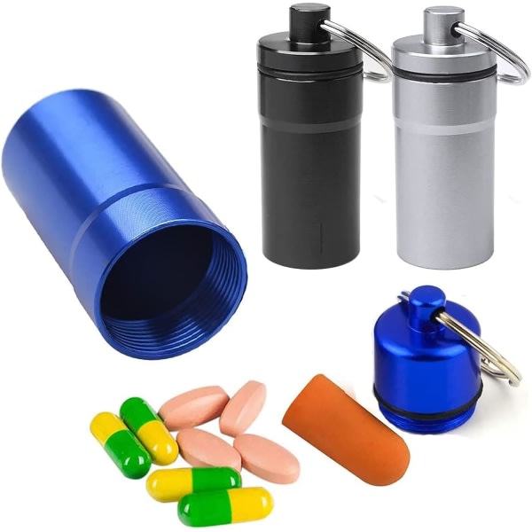 TG 3 mini medicinförvaringslådor i aluminium (svart, silver, blå), vattentäta