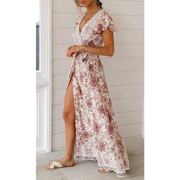 Damklänning 2023 Bohemisk Blommigt Mönster Wrap Maxi Klänning, V-ringad Kortärmad Slit Strandfest Maxi Klänning