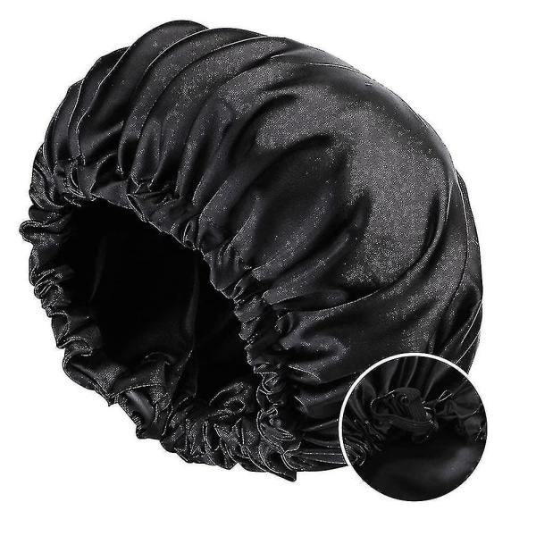 TG Satin Sovhuva för Kvinnor Långt Hår Lockigt Hår Sidenhuva Vattentät Satin Huva Sover Extra Svart