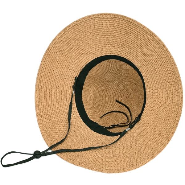Klassiske sommer-solhatter Pakkbar halmhatt med bred brem med vindsnøre Floppy strandhatter for kvinner UV-beskyttelse