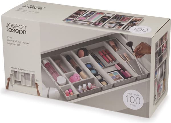 Joseph Joseph Makeup Skuffe Organizer, 12 Rum, Sammenlåsende Skridsikker Plastbakke til Badeværelse, Beige