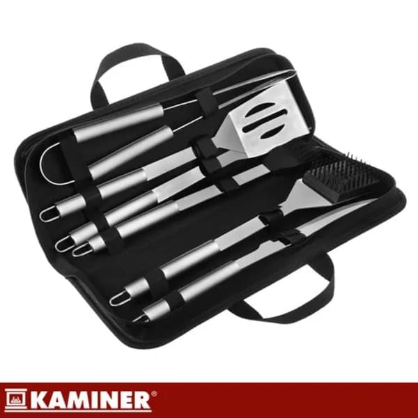 BBQ-værktøjssæt 6 dele rustfrit stål med etui til gas- og kulgrill, campingpicnic, sort