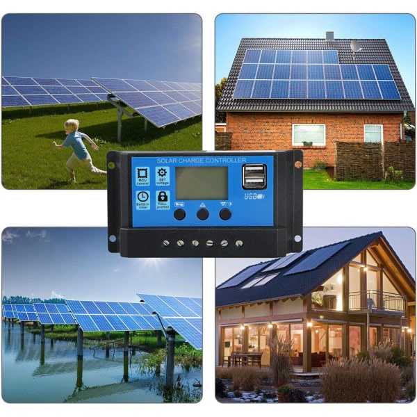 Solcellepanel Batterilader 30A 20A 10A Styringsenhet 12V/24V LCD-regulator Dobbel USB 30A