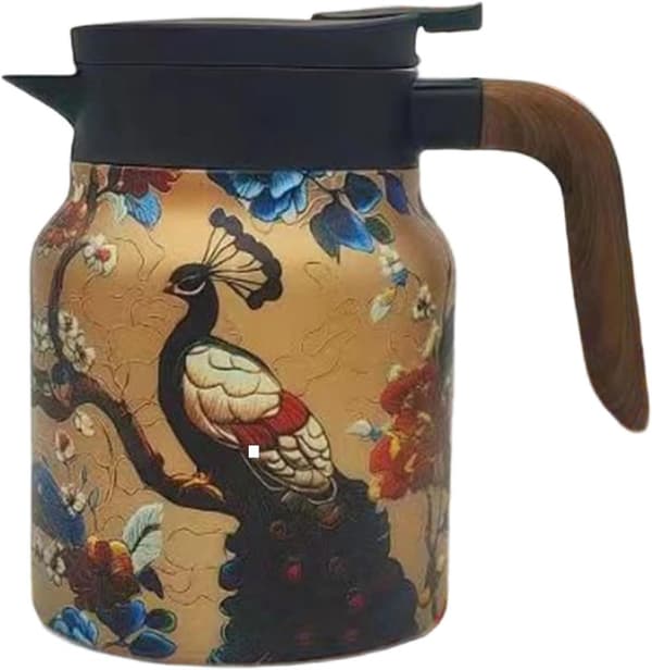 Tekanne med tefilter og avtakbart filter, dobbeltvegget rustfritt stål, trehåndtak, for reise, 1 liter, gull påfuglmønster