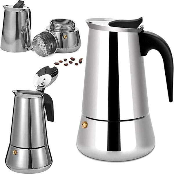 Italiensk Moka Kaffebryggare Rostfritt Stål, 6 Koppar, Kompatibel med Alla Värmekällor, 300 ml