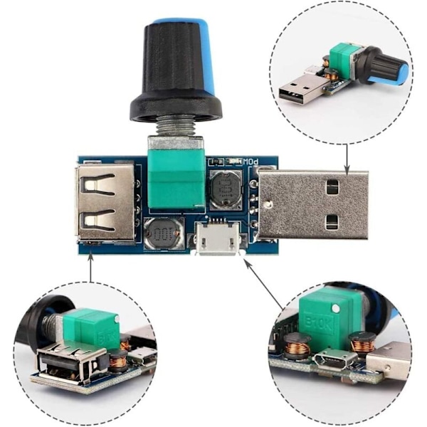 3 stk. 5W USB Viftehastighetskontroller, DC 5V DC 4-12V til 2.5-8V Trinnløs USB Vifteregulator Hastighetskontrollknapp med Bryter