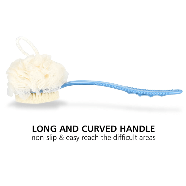 Duschkroppsborste med borste och luffa, ryggskrubberbadnät för hudpeeling, för våt eller torr, män och kvinnor (blå)