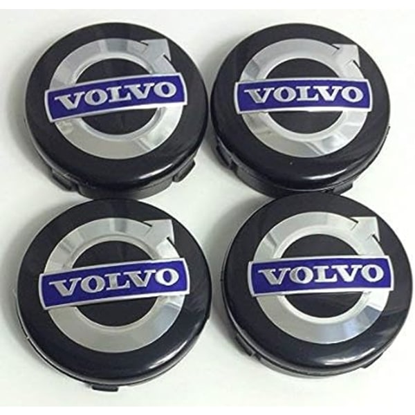 TG 4 x Volvo lättmetallfälgar, centrumnavkapslar, 64 mm, svart/blå, C70