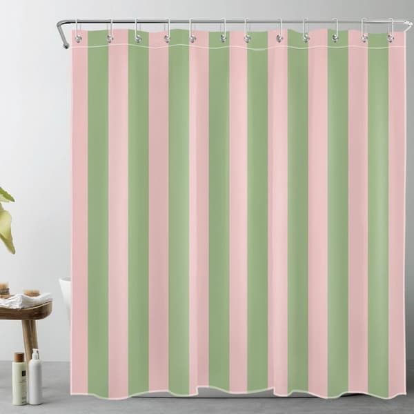 Stribet badeforhæng, vandtæt polyester med 10 rustbestandige kroge til moderne badeværelser, pink og grøn, 182 x 152 cm