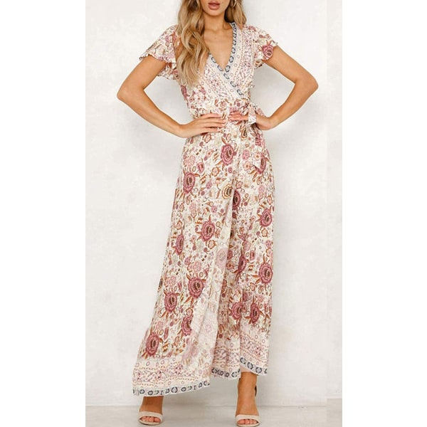 Damklänning 2023 Bohemisk Blommigt Mönster Wrap Maxi Klänning, V-ringad Kortärmad Slit Strandfest Maxi Klänning