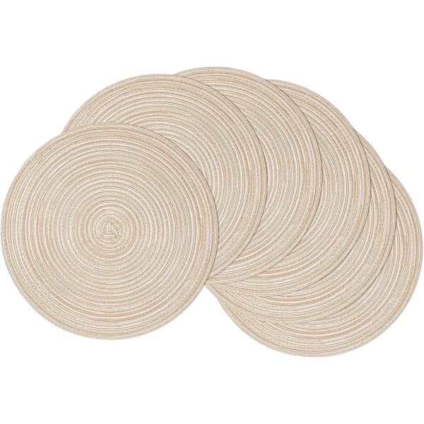 Set med 6 Beige Rund Bordstabletter i Bomull, 38 cm, Tvättsbara Värmebeständiga Köksprydnader BEIgE