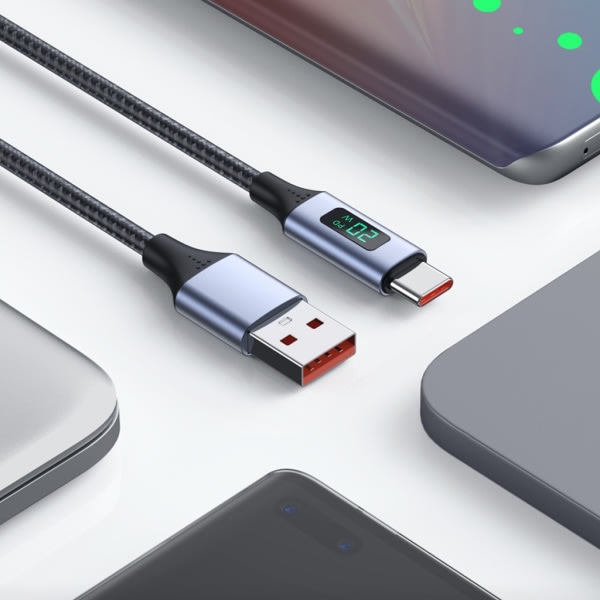 PD 20W USB til USB C-kabel, 3,0A hurtiglading USB C-kabel med LED-skjerm, nylon type C-kabel for bærbare telefoner