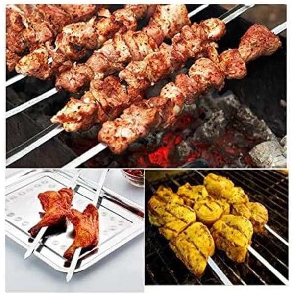 Flate Kebabspyd Sett med 6, Grillspyd i Rustfritt Stål med Trehåndtak for Grilling og Camping, 16,5 Tommer