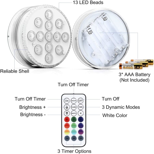 13-LED Dykbar LED-lampa 16 RGB med fjärrkontrolldekoration