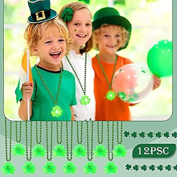 12:a St. Patrick's Day Accessoarer Green Light Up Shamrocks Halsband Led Green Shamrock Beads Halsband Irish Metallic For Irish St. Patrick Party Dr