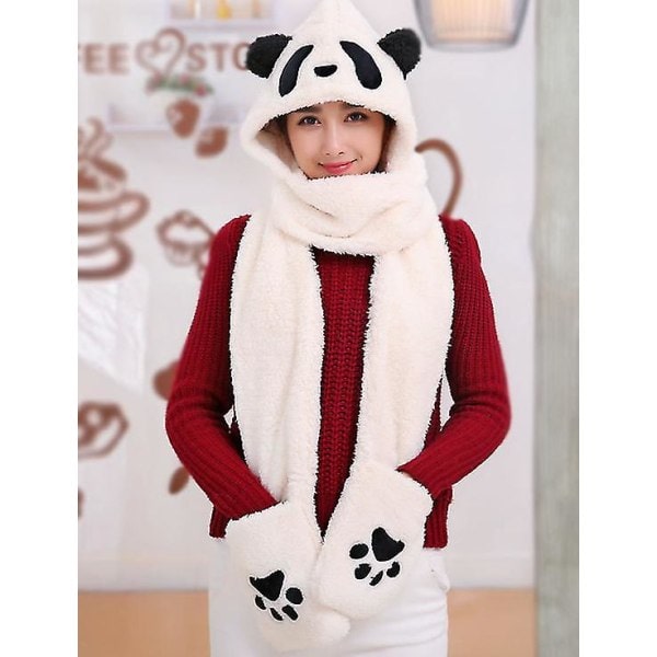 Vinter Söta Panda Hatt Halsduk Vantar 3 i 1 Plysch Huva Halsduk Vantar