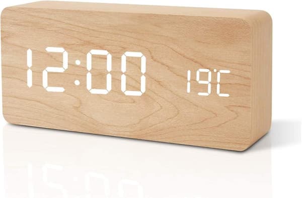 Träväckarklocka Modern LED-bordsur Digital väckarklocka Röst Touch Display Tid/datum/temperatur För Hem Sovrum Kontor Brun Orange