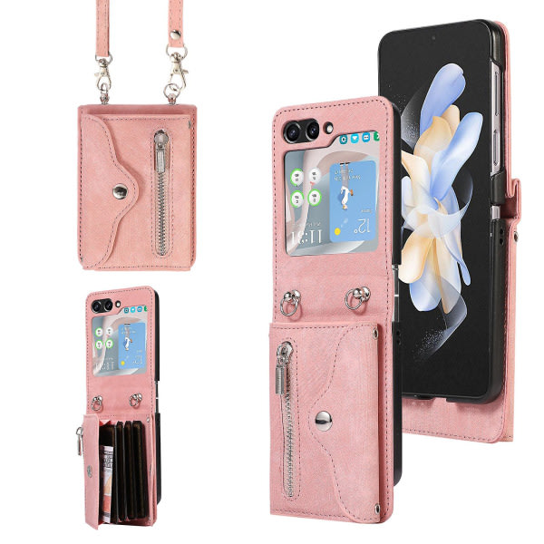 TG Case kompatibel med Samsung Galaxy Z Flip 5, Pu- cover med korsband och korth?llare Pink