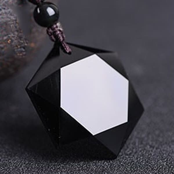 Svart obsidian sten hexagram form hänge halsband_yu