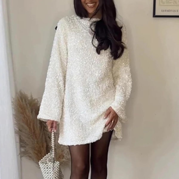 Kvindes Sequin Bandage Kjole Langærmet Natklub Kjole Festival Kjole Skinnende Sequin Kjole Med Sløjfe Mini Kjole Hvid Hvid White L