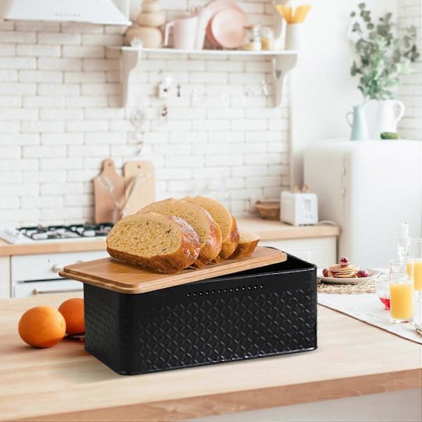 Metal Bread Bin with Bamboo Lid, Can Be Used As Cutting Board, Bread Box, Large Bread Box, 33x18x13.5 cm, Modern Rectangular Bread Box_yux