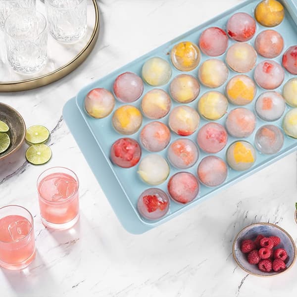 Isbollsform, 33-facks isbitsform i plast med lock, förvaringslåda och skopa för cocktails och iskaffe, blå, 2,8 cm