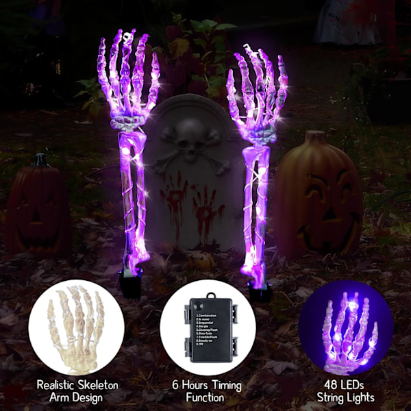 2 stk Skelet Hånd med 48 LED Lysstreng, Vandafvisende Halloween Lys Lila skelett hand Lila skelett hand