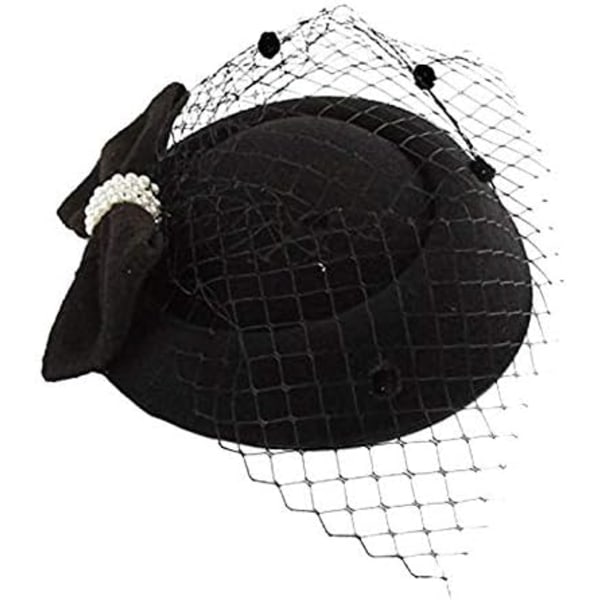 Fascinatorhatt för kvinnor, pärlbågestil Cocktailparty Pillbox-hatt med slöja-hårklämmor (svart)
