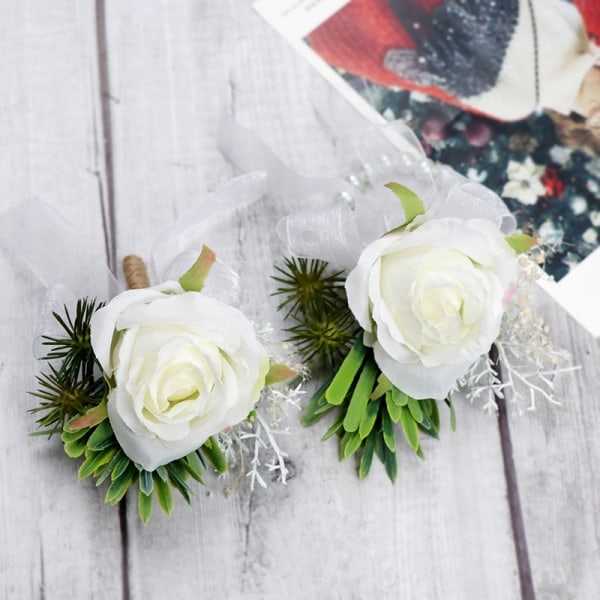 6 st brudgum brud bröllop corsage blommor, handledsblommor vita gröna