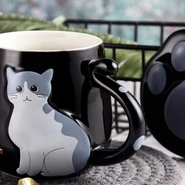 Kattmugg Sød Keramisk Kaffe Kop med Charmerende Katteklo Låg - Rustfri Ske, Sæt 400ml/13.5oz