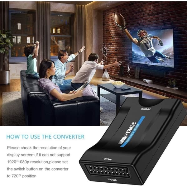 Scart til HDMI Konverter Adapter, Audio Video Konverter Støtter HDMI 720p/1080p til DVD-afspillere til TV