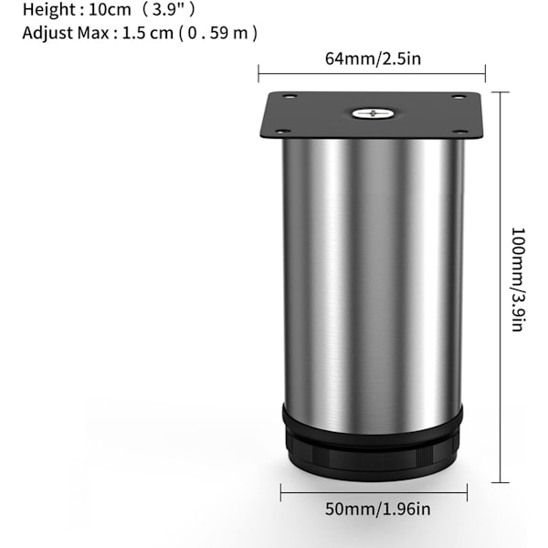 Møbelfødder - 4 Stk - Møbelben - Sokkelfødder - Justerbare Fødder - Rustfrit Stål - Højde 100mm - 50mm Diameter - Sofaben - Sofafødder