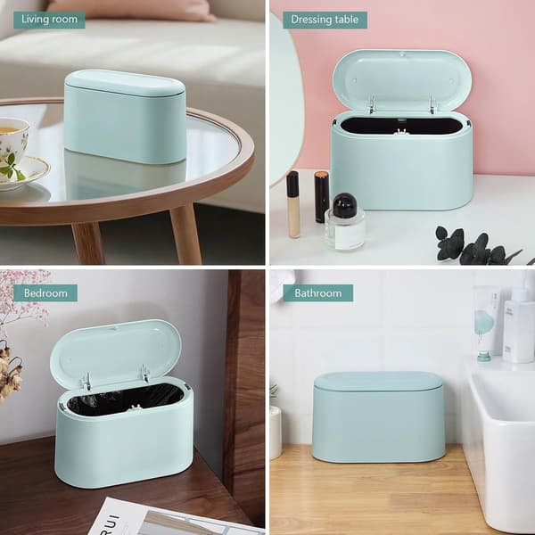 Minisoptunna med trycklock, kompakt bänkskåp för badrum, sovrum, kontor, sminkbord, liten soptunna, blågrön