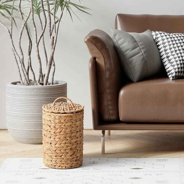 Boho flätad papperskorg med lock, av vattenhyacint med 100 soppåsar för badrum, sovrum, kök, 5 liter, natur