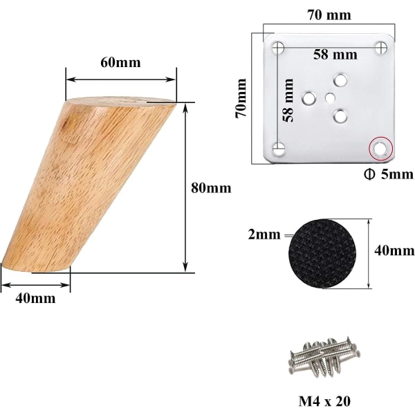 Sæt med 4 Træmøbelben 8cm Skrå Ben Soffabord