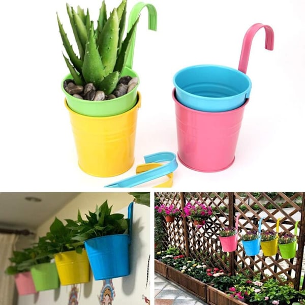 Hängande blomkruka i metall, utomhusblomkruka med dräneringshål perfekt för trädgård, balkong, staket, uteplats, dekoration 4 stycken