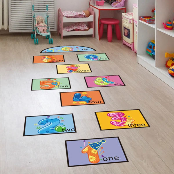 1 set Hopscotch Spelgolv Dekaler Tecknade Vattentäta Självhäftande Digitala Hoppruta Lek Golv Dekaler Förskolegolv Dekoration för Barn
