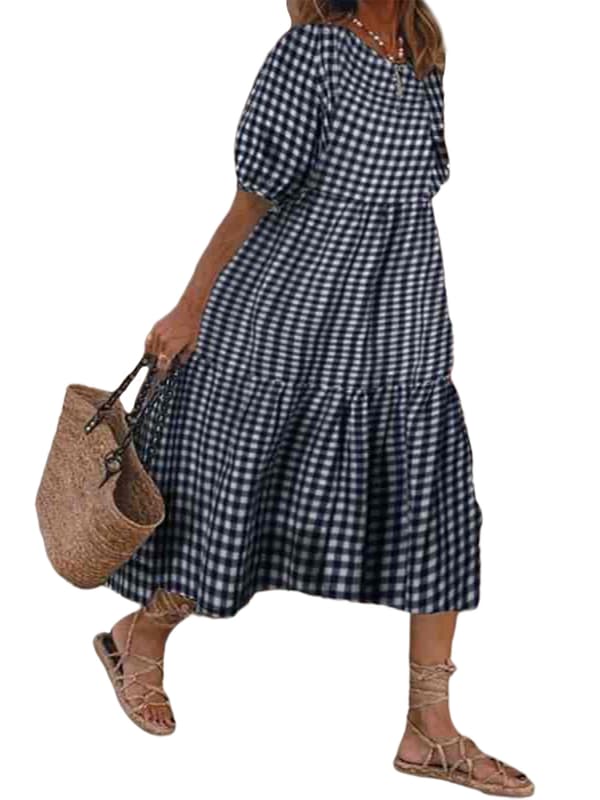 Dame sommerpledd Puffy kortermet midikjole_yu Blue,L