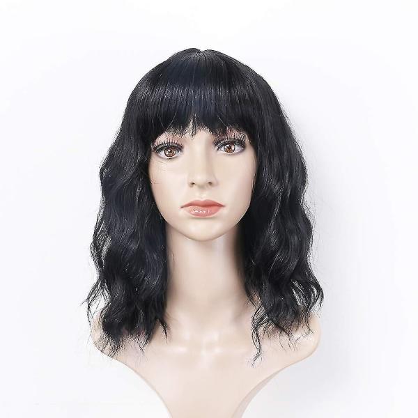 TG V?gperuker med lugg, kort svart peruk f?r kvinnor Curly Wave Synthetic Cosplay Girl F?rgrik peruk (svart)